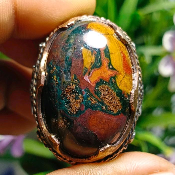 Cincin Batu Akik Pancawarna Ring Koin Kombinasi Ukir