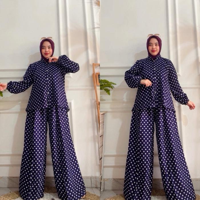 Delina Polkadot setelan one set celana rayon aurora