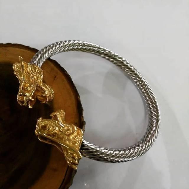 TERLARIS Gelang Titanium Naga Dragon silver putih kepala emas cowok cewek pria wanita cowo cewe asli