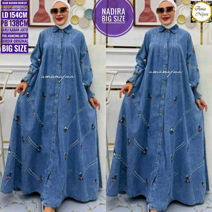 Nadira Big Size Gamis Jeans Jumbo LD 154 Original By Amanajwa Dress Maxi Dewasa Wanita Muslim Panjan