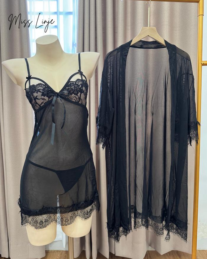 MissLinje Lingerie Setelan Dress Dengan Outer Renda Sexy Transparan Dapat G String - Chiara Set