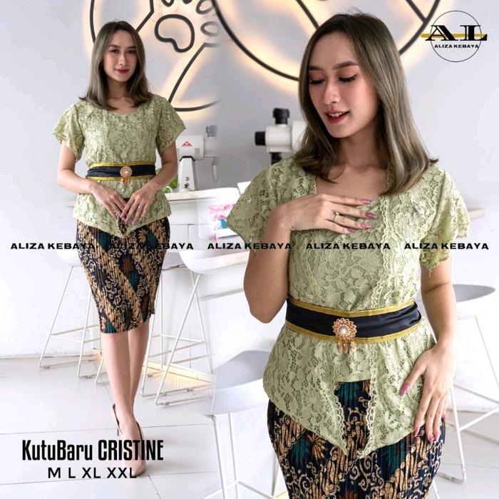 Setelan Kebaya Brukat Kutubaru Lengan Pendek Model Bali Baju Brokat Wanita Pesta Kondangan Batik