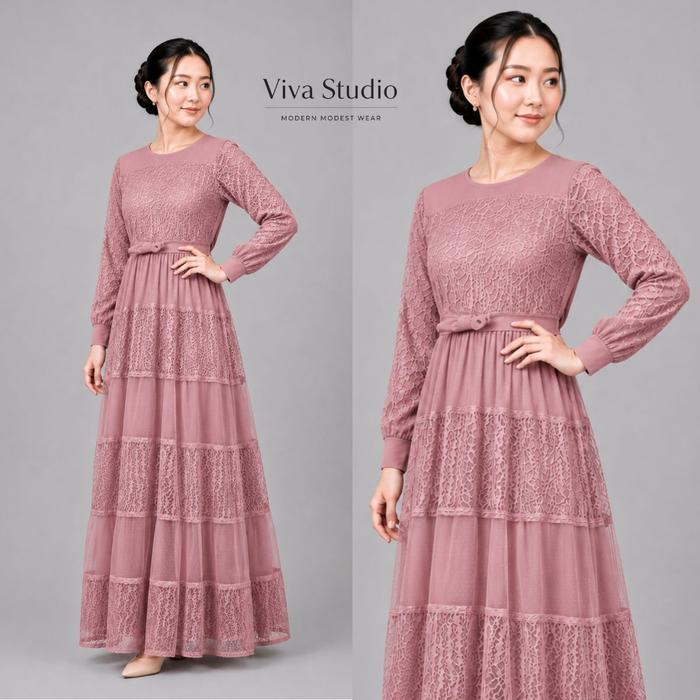 Nadira Dress Brokat Gamis Wanita Lebaran Muslimah Terbaru Maroon Putih Rose