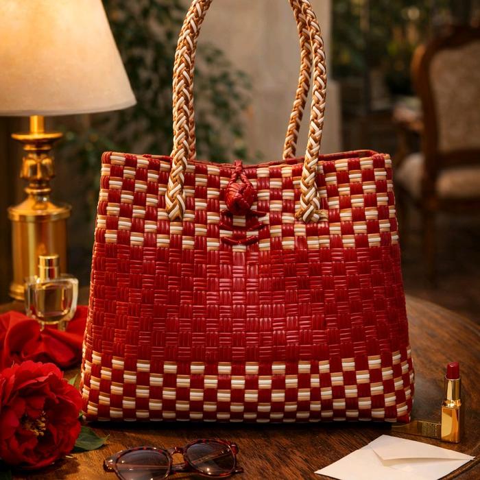 Tas Anyaman Plastik Medium Free Nama Max. 5 Huruf Tote Wanita Ukuran (28*15*23)