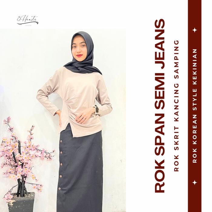 Rok Span Semi Jeans Casual Button Skrit Kancing Depan Samping Formal Wanita Kain Karet