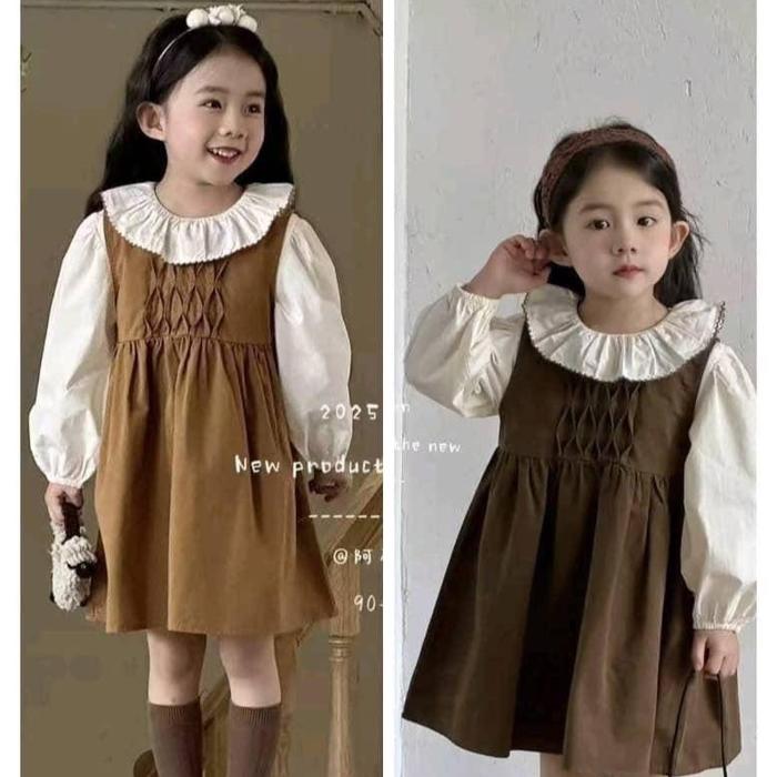 Dres Anak Bahan Katun Usia 2-6 Tahun dengan Lengan Panjang dan Kerah Putih
