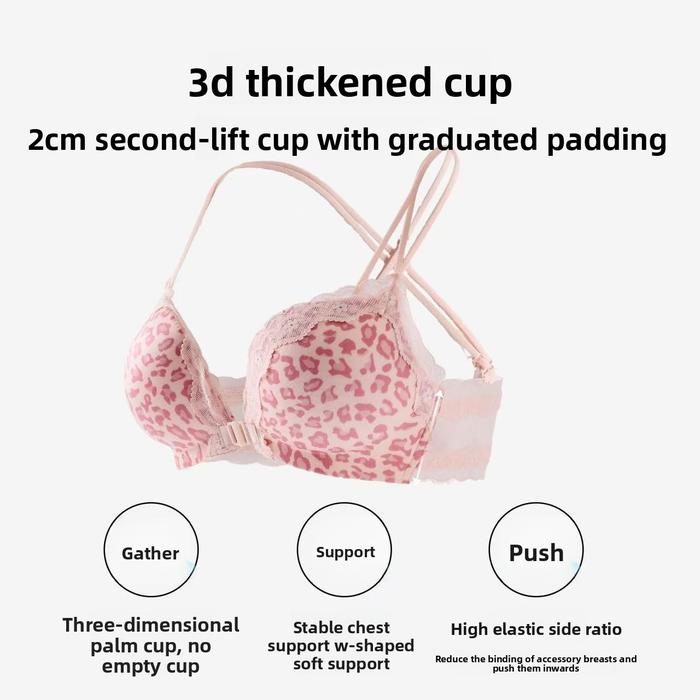 Original Leopard Print Backless Lace Bra Set Women'S Small Chest Gathered To Look Large Anti-Sagging