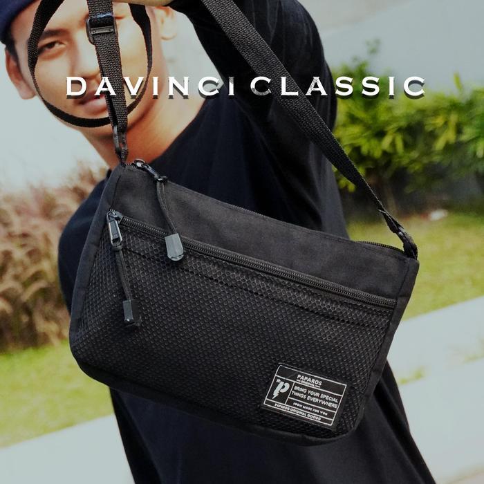 Paparos Sling Bag Davinci Classic Black Canvas Unisex Tas Sling Bag Pria dan Wanita Selempang