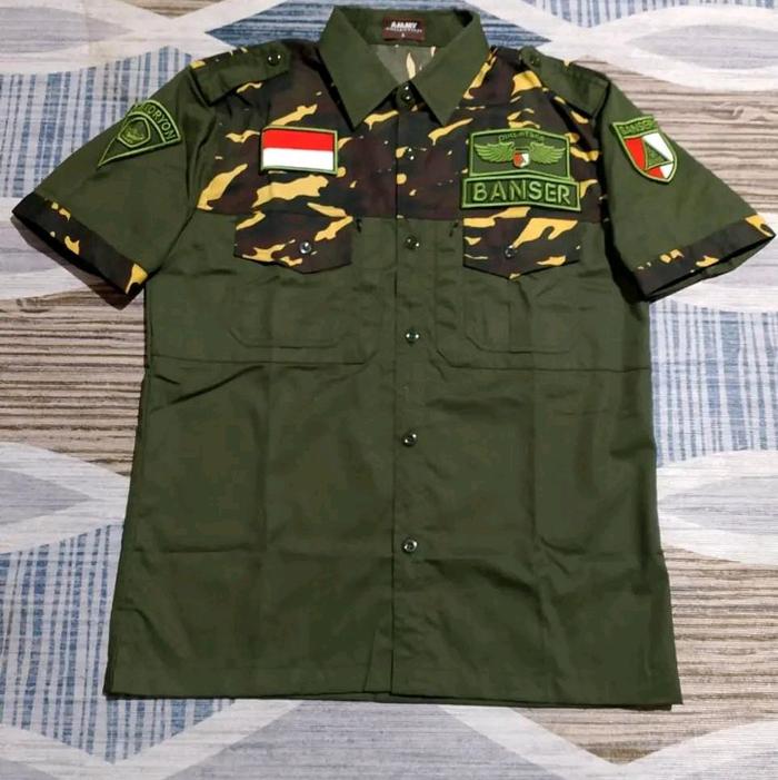 Baju kemeja pendek banser bordir hijau timbul Pria