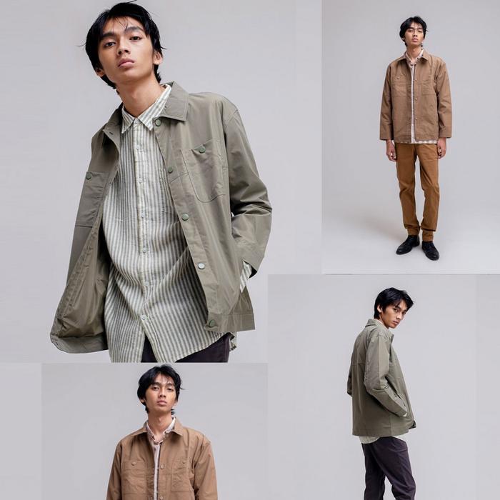 Famo Jaket Outer Kerah kancing Pria Trucker Polyester Outerwear With Collar Button Jacket Coklat