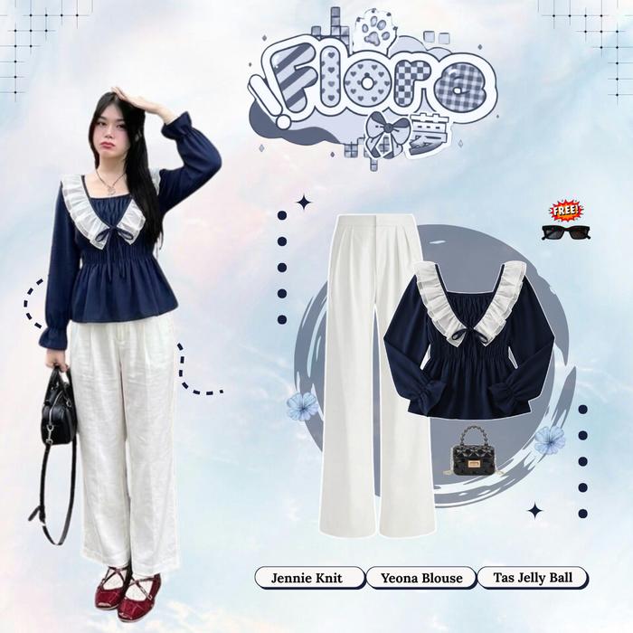 One set Premium Wanita Korean Style || Yoana Blouse + Jennie Knit + Tas Jelly Ball || Setelan Wanita