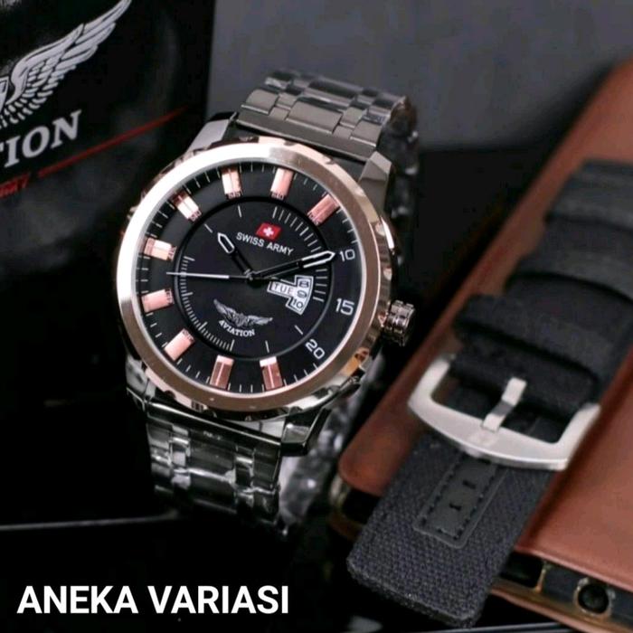 JAM TANGAN PRIA ELEGAN SWISS ARMY AVIATION ORIGINAL BERGARANSI BLACK ROSEGOLD LIMITED