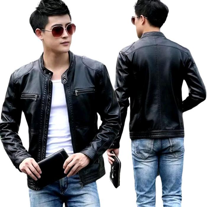 Jaket Pria Casual Kulit Sintetis Hitam Vienna - Ukuran M-XXL - Blazer, Keren, Slim Fit, Putih, Leath