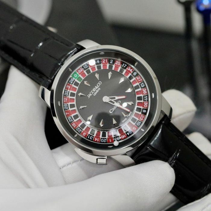 Jacob& Co Casino Roulette Watch Black Leather Strap 44mm