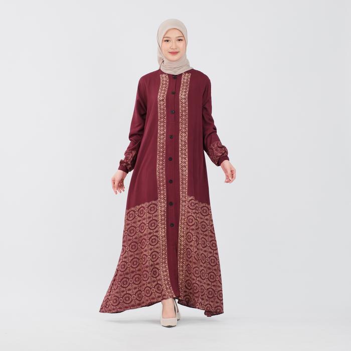 BATIK ROJA GAMIS RAYON MOTIF JADE WARNA MERAH MAROON UKURAN M L XL XXL GAMIS JUMBO LD 120 ELEGANT