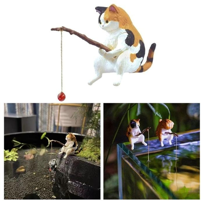 Aquarium Animal Decorations Small Fishing Cat Miniature Figurines Set