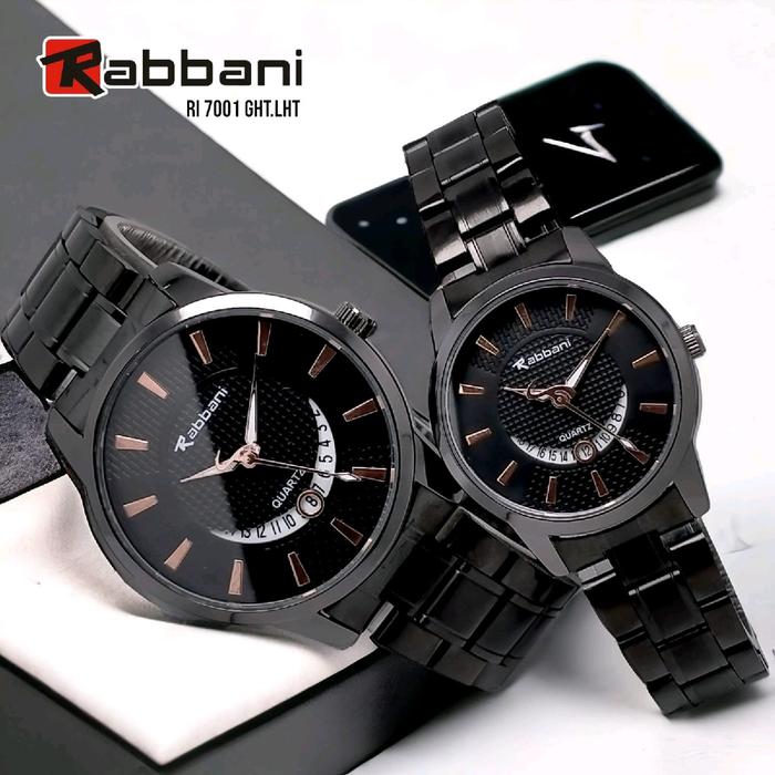 Rabbani 7001 Ght/Lht, Jam tangan couple, rantai hitam monochrom, tanggal aktif, water resistant. Ele