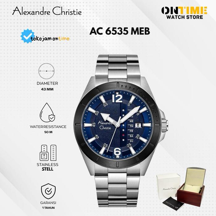 Alexandre Christie AC 6535 MEB Jam Tangan Pria Stainless Steel Diameter 43mm Tahan Air 50M Garansi 1