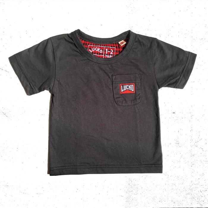 kaos anak black dusty punk tartan pattern woven label