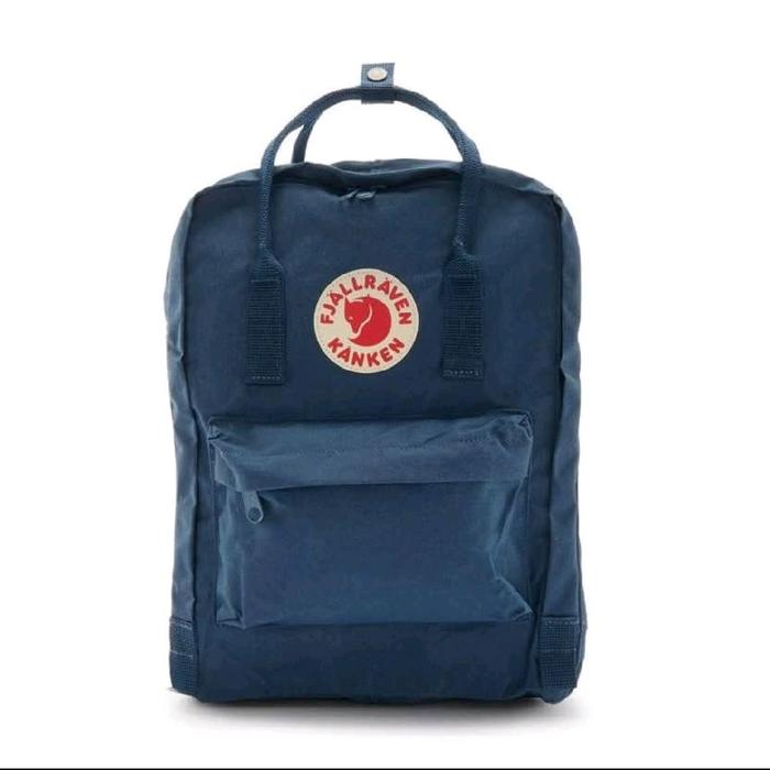 Fjallraven Kanken Tas Ransel Biru Tua dengan Logo Merah dan Tali Serbaguna untuk Aktivitas Sehari-ha