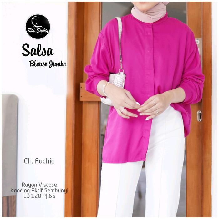 Salsa Kemeja Blouse Oversize Jumbo Polos Fuschia Lime Katun Rayon Viscose Ld 120 Fit XXXL By Ria