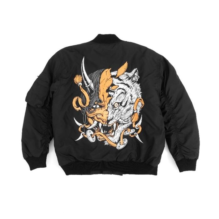 Imagineco Jacket Bomber Bordir Hitam Unisex Taslan Parasut Mayer Waterproof "Oni Tiger" Panjang Sabl