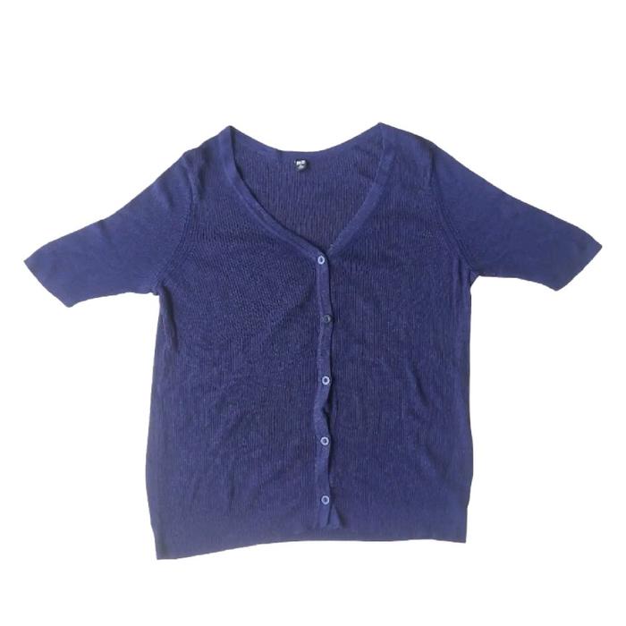 Uniqlo Navy Faded Basic Woman Cardigan Rajut Knit Atasan Cewek Wanita Original Second Korea Japan St
