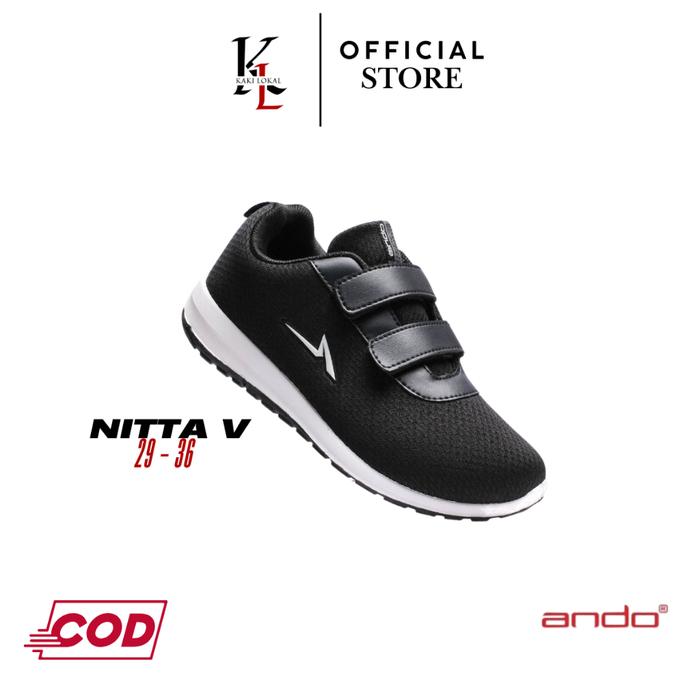 Sepatu Sekolah Hitam Putih Perekat Original Ando - Ando Nitta V Hitam Putih