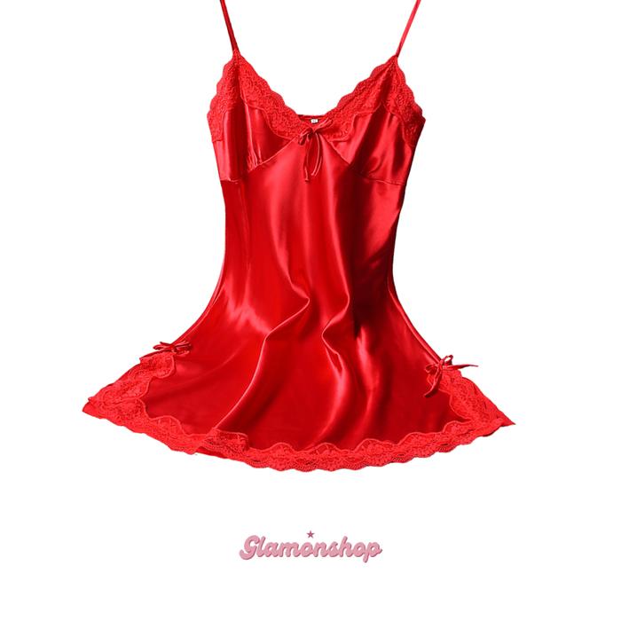 Glamonshop BT001 Baju Gaun Tidur Lingerie Wanita Korea Sexy Dress Satin Mini Deep Dewasa Piyama Kimo
