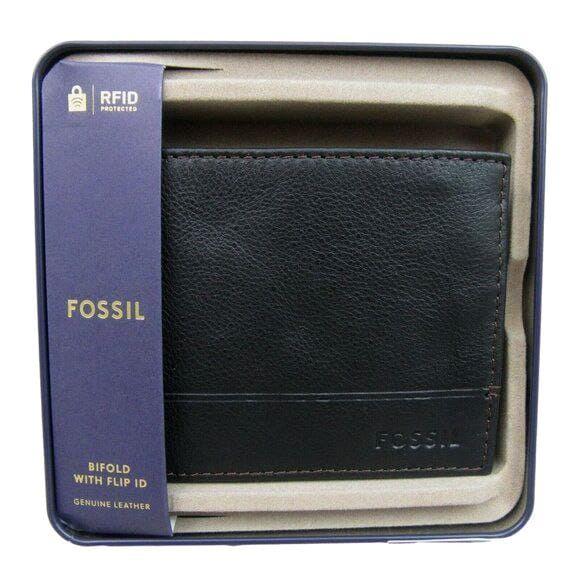 Dompet Fossil Brooks Bifold Flip id Black with tin box
