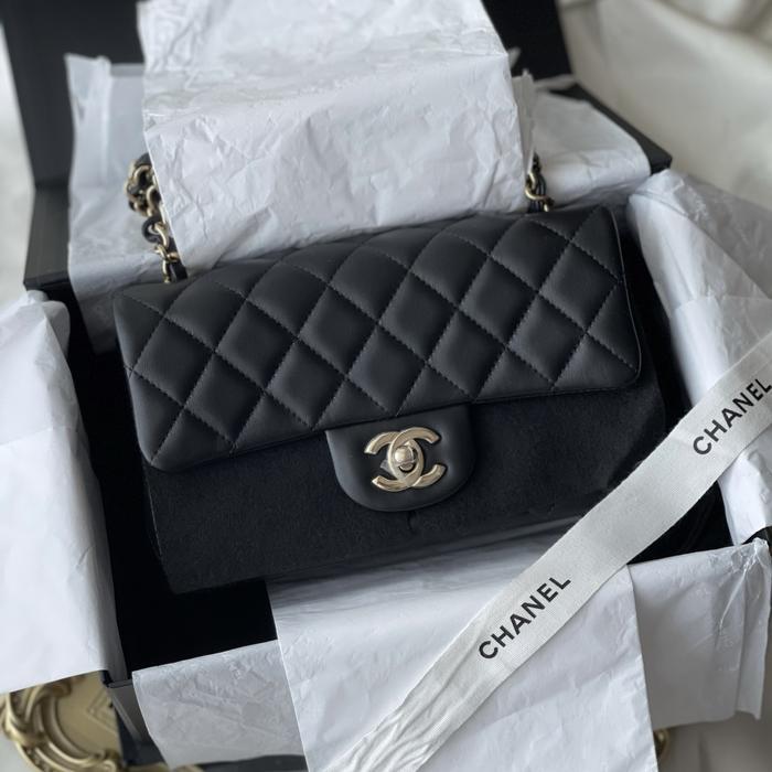 ORIGINAL - CHANEL CLASSIC MINI RECTANGLE BLACK LAMBSKIN GHW LGHW CHIP