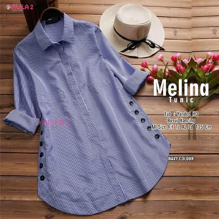 Melina tunic by ALILA HIJAB (atasan blouse kemeja tunik motif kotak, stripe atau garis, bahan yanded