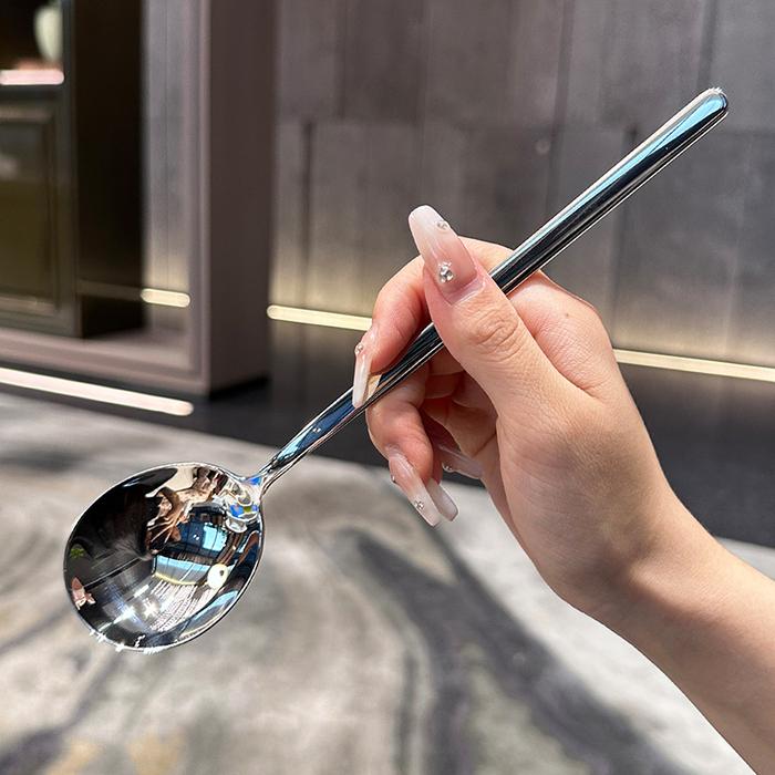 Stainless Steel Spoon Korean Long Handle Tableware Thicken Stirring Ice Spoon Meal Spoon Household D