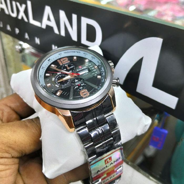 AUXLAND Jam Rantai Original Kombinasi Rosdgol & Hitam Desain Sporty Elegan Tanggal Hari Aktif Model 