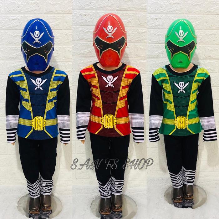 Baju Setelan Panjang Kostum Anak Laki-Laki Motif Power Rangger+Topeng untuk 1-10 Tahun