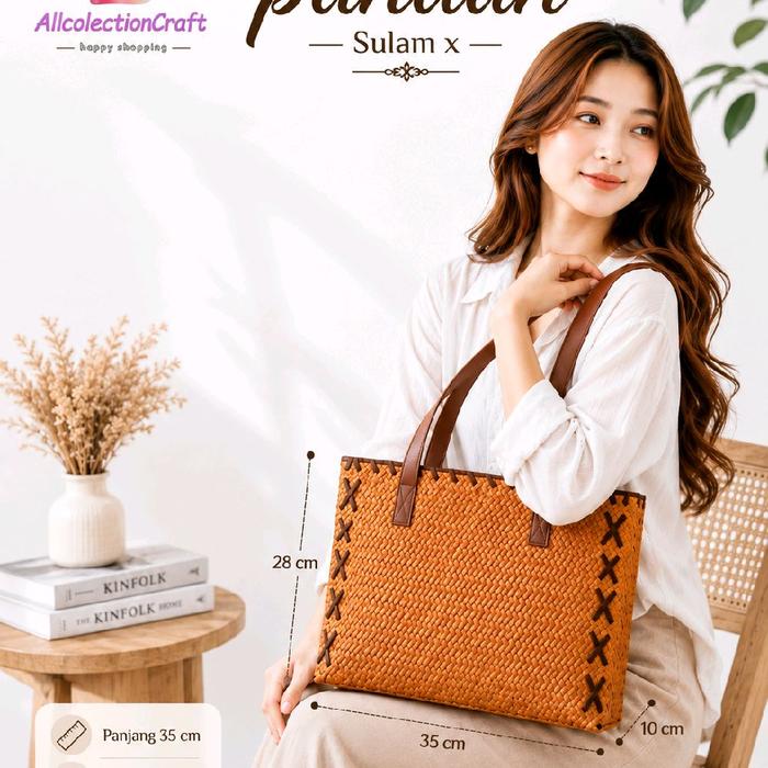 Tas Kepang Sulam Anyaman Pandan Tote Bag Wanita Motif Rotan Coklat Putih 35x10x28 cm Simple Elegan u