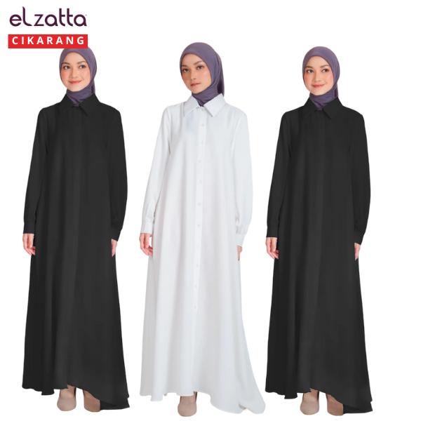 [New Arrival] Elzatta  Gamis Plaket Kancing Crincle - Fashion Muslim Baju Gamis Dewasa Polos Hitam P