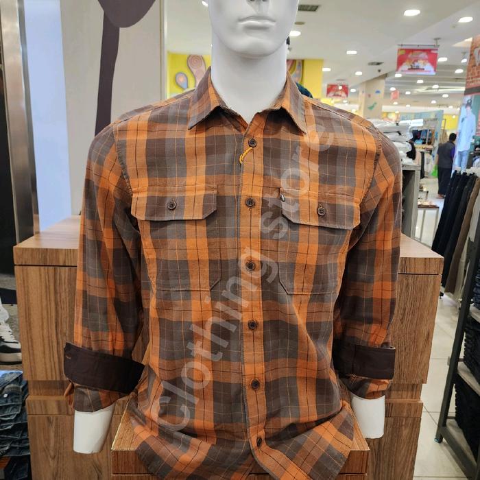 MGEE ORIGINAL kemeja pria lengan panjang orange CAMPERC026 Baju Casual Katun Muda