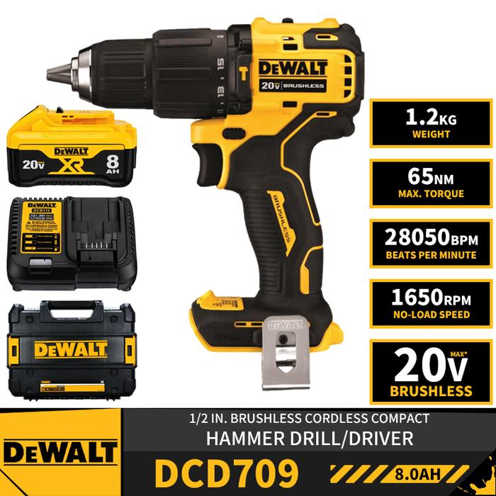 DEWALT DCD709 Kit bor Impact, alat listrik Lithium 20V dengan pengisi