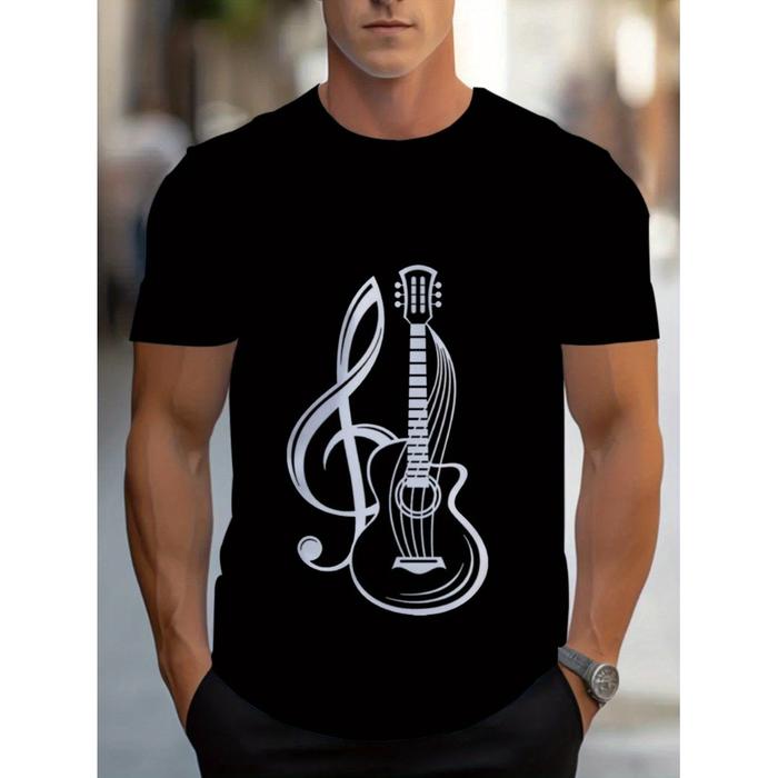 Kaos Pria Musim Panas 2024 dengan Desain Musik Retro: Cetak Digital 3D Piano & Gitar Kain Ringan Tah