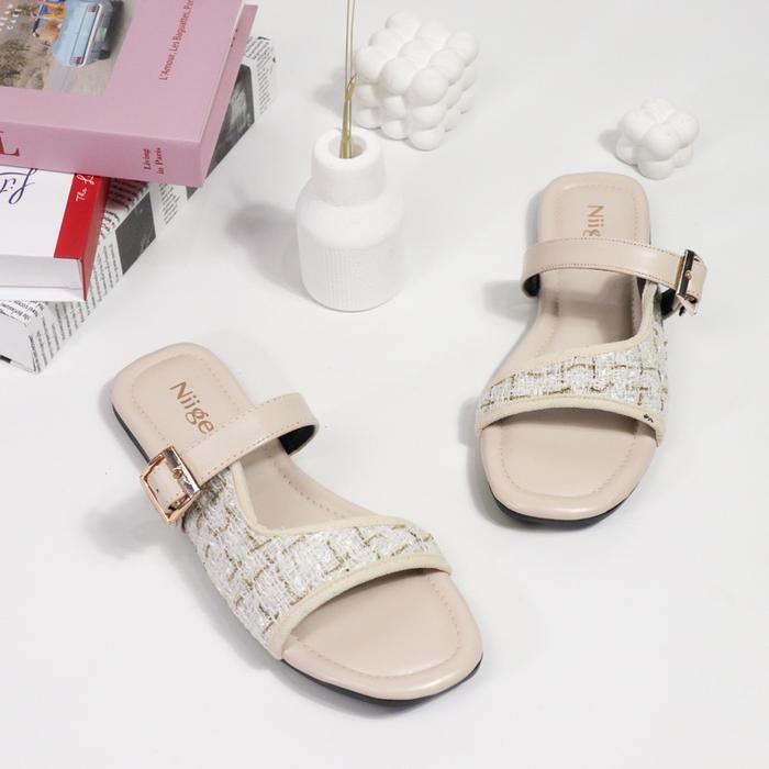 Dea | Sandal Wanita Flat Bahan Kain kekinan hitam krem mocca Sendal Cewek Shoes Kerja