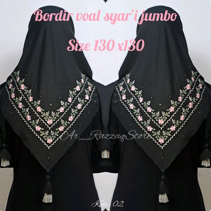 jilbab segi empat bordir bunga katun voal bandul tasel cantik jumbo 2ssn
