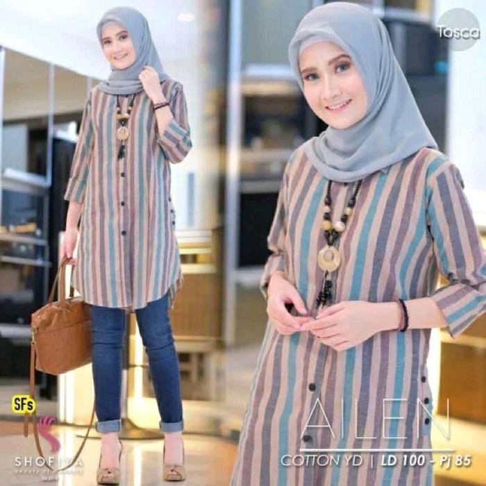 ALIEN TUNIK SALUR WARNA WARNI STRIPE FULL KANCING TUNIK MUSLIMAH WANITA Katun