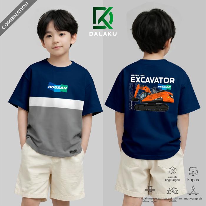 Kaos anak operator alat berat excavator doosan bahan  katun kombinasi tiga warna desain terbaru