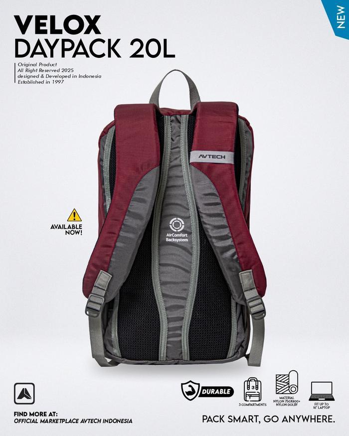 READY AVTECH - Tas Ransel Daypack Laptop Harian Sekolah Kerja Travel Bag Lifestyle 20 Liter - VELOX 