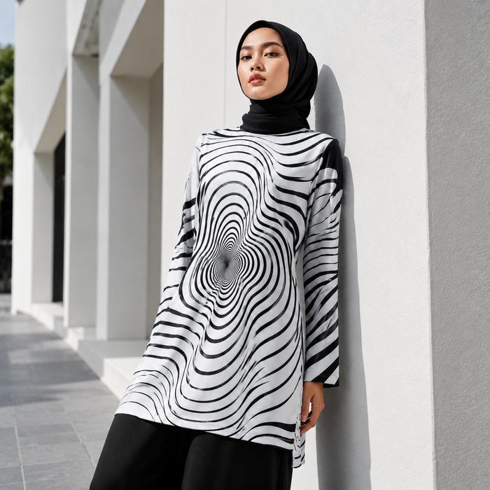 Baju Tunik Muslimah Modern Art Look | Motif Ilusi Optik Monochrome, Simple tapi Mencuri Perhatian, C