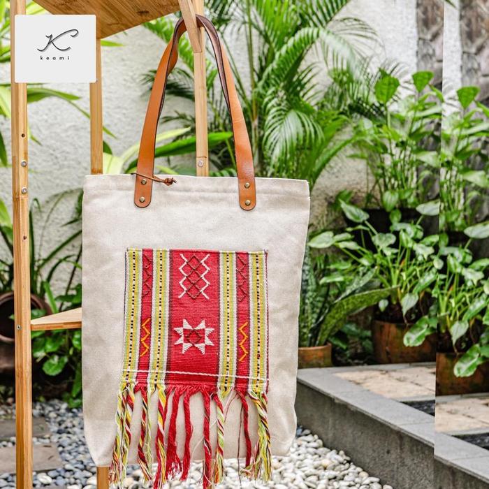 SALE - KEAMI CRAFT - noda di handle kulit tas DIPA Tote Bag Kain Kanvas Twill & Tenun NTT Tas Wanita
