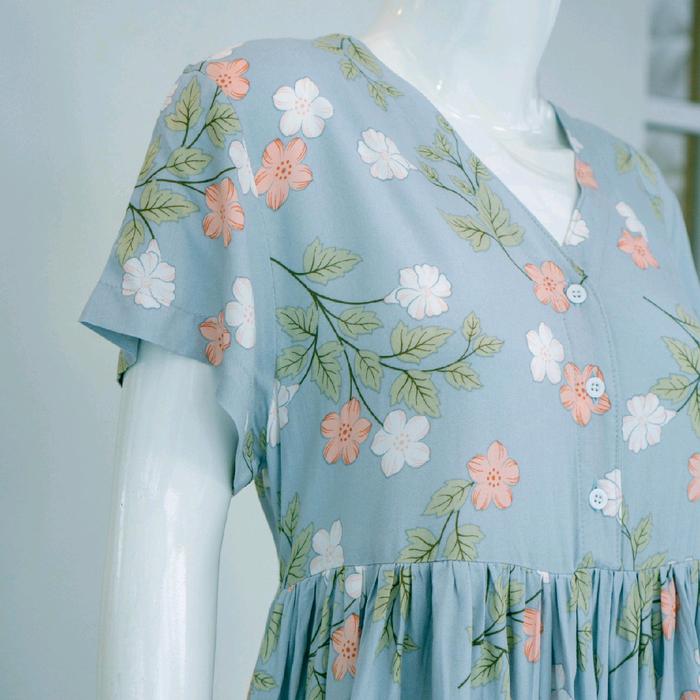 Daster Kekinian Blue Floral Rayon Premium Lingkar Dada 100 Panjang Baju 90 Panjang Tangan 20 - Model