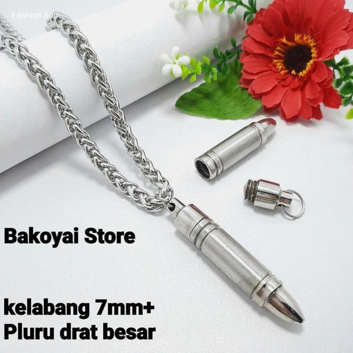 BKY_ Kalung Titanium Kelabang 6Mm dan 7Mm Silver Panjang 60 Cm Liontin Peluru Drat Besar | best sell