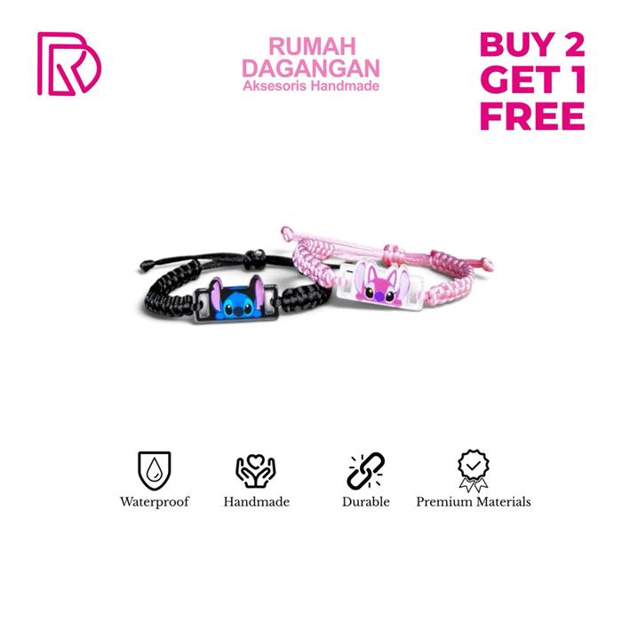 Gelang Couple Karakter Stitch & Angel Akrilik Handmade Magnet Adjustable Model Serut Anyam Premium F